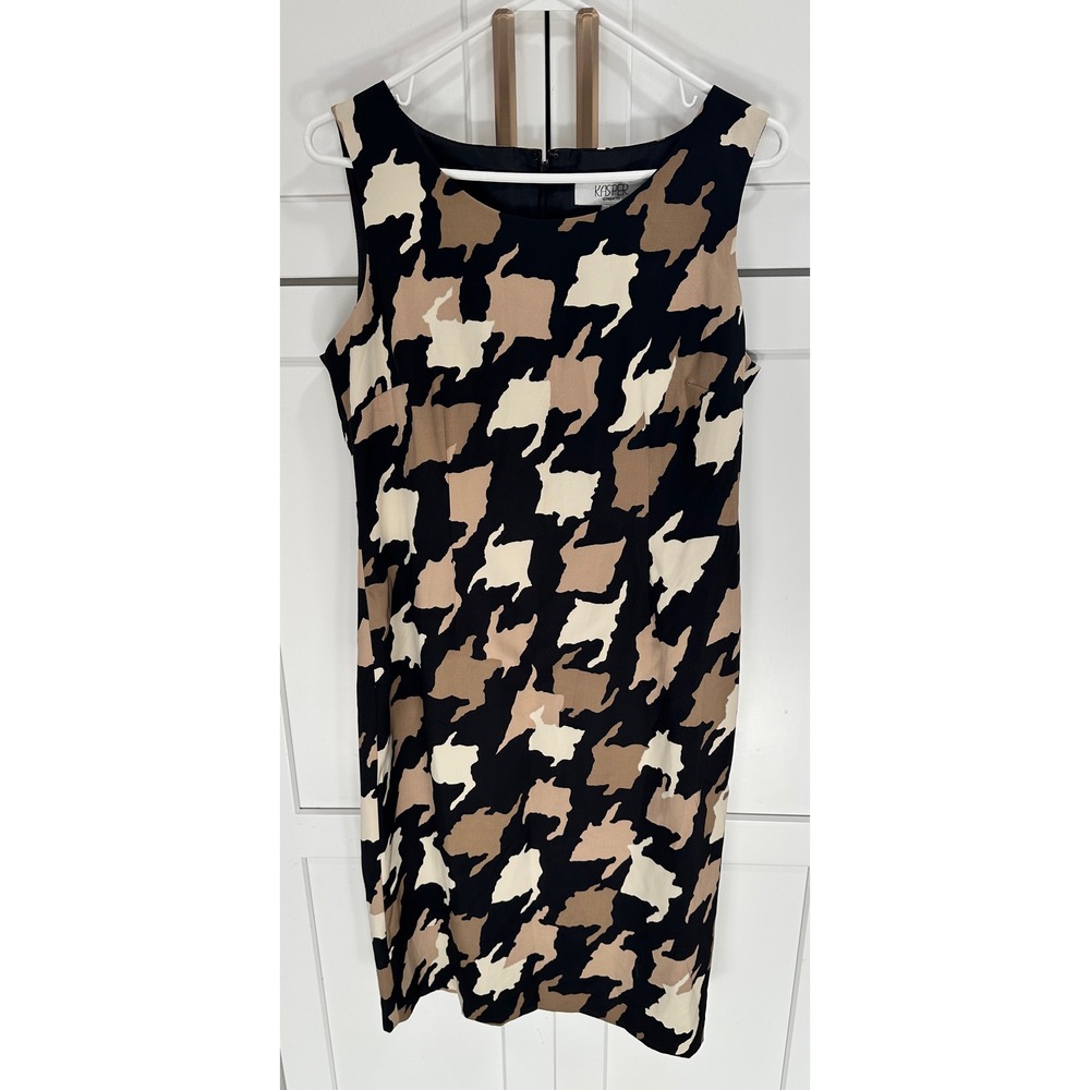 Kasper Sheath Dress Black Beige‎ White Houndstooth Sleeveless Business Size 8